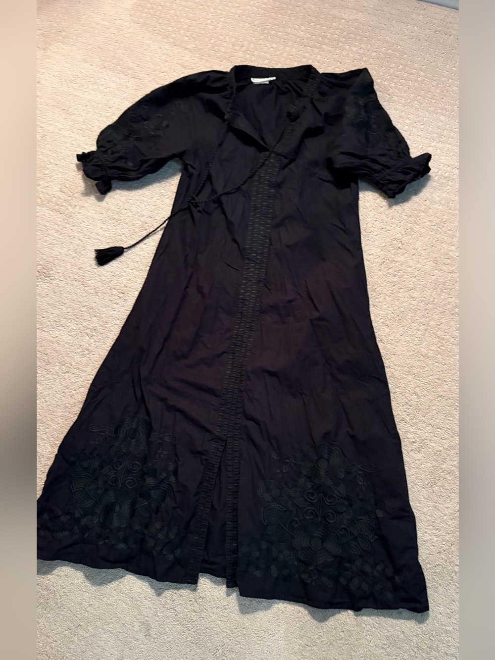 Black Embroidered Tie-Front Maxi Dress